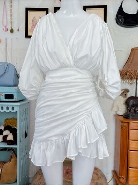 Luxury designer girly Turkish euro summer ruched ruffle hem white mini dress